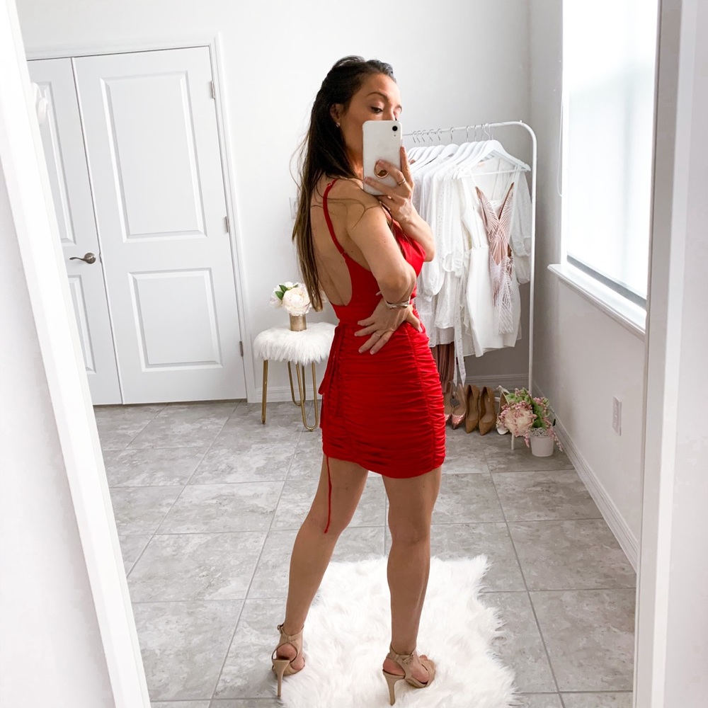 Red Front Knot Lace Up Ruched Sexy Mini Dress - Picture 13 of 13